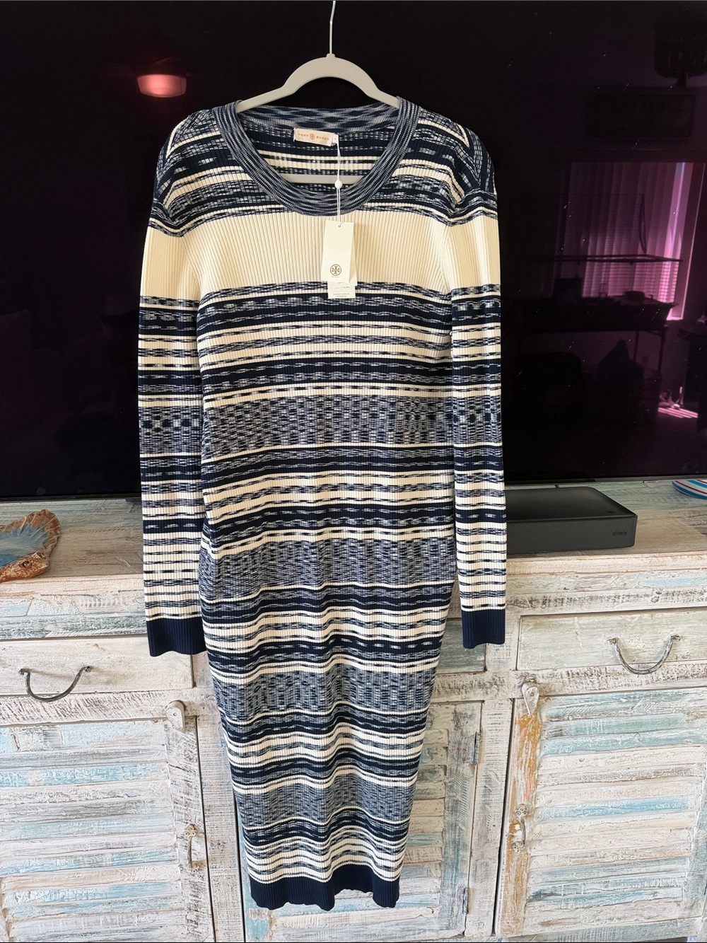 TORY BURCH -Striped Knit Sweater Dress in Navy and Cream NWT